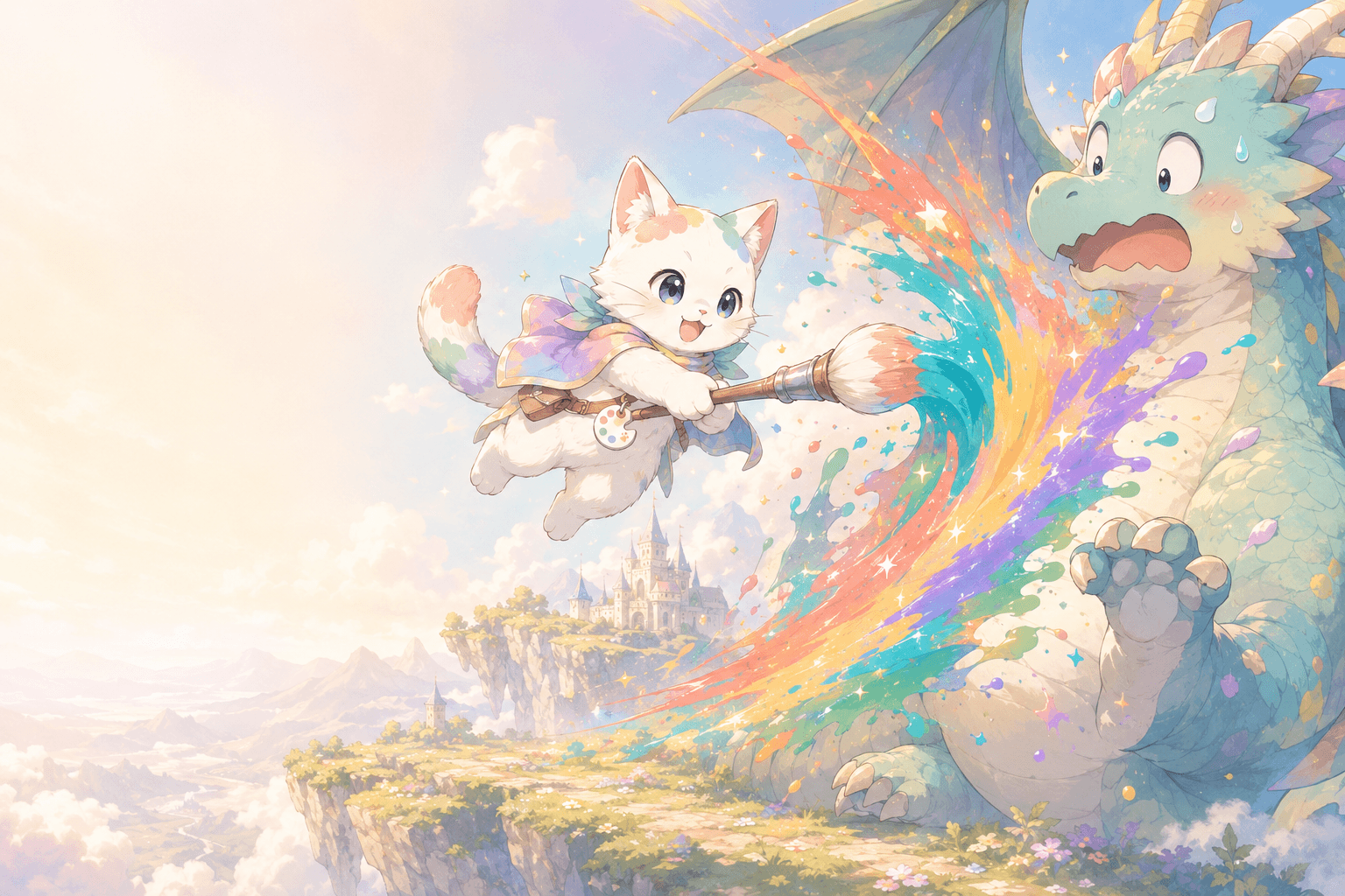 パレにゃが絵筆を武器にドラゴンに立ち向かう冒険のイラスト