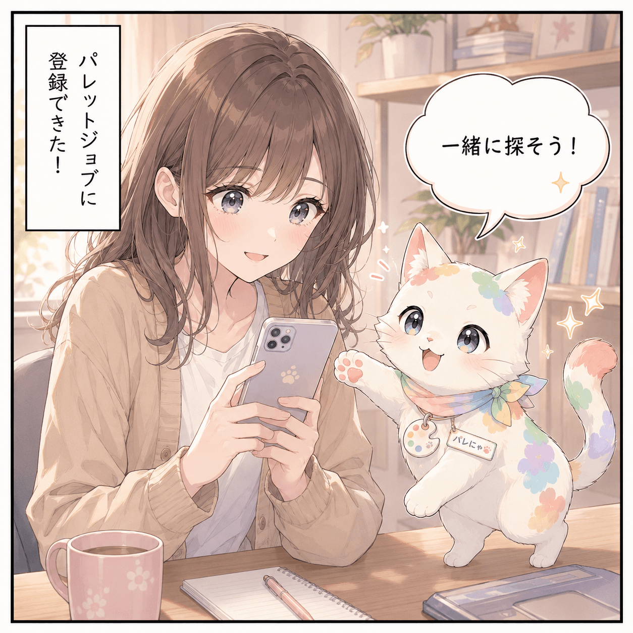 2コマ目:パレにゃが「一緒に探そう!」と励ます