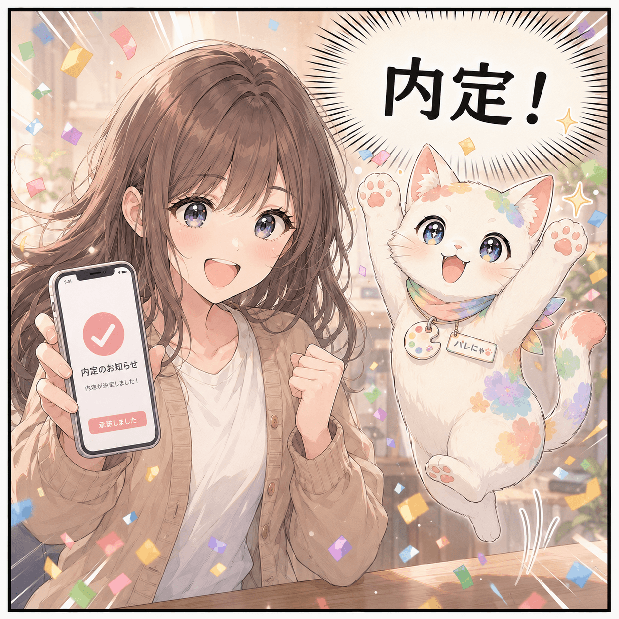 4コマ目:内定!パレにゃと笑顔でハイタッチ